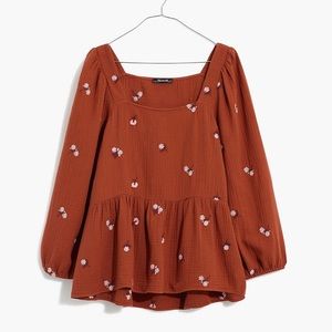 Madewell Amie Floral Embroidered Lightspun Millbrook Puff-Sleeve Peplum Top